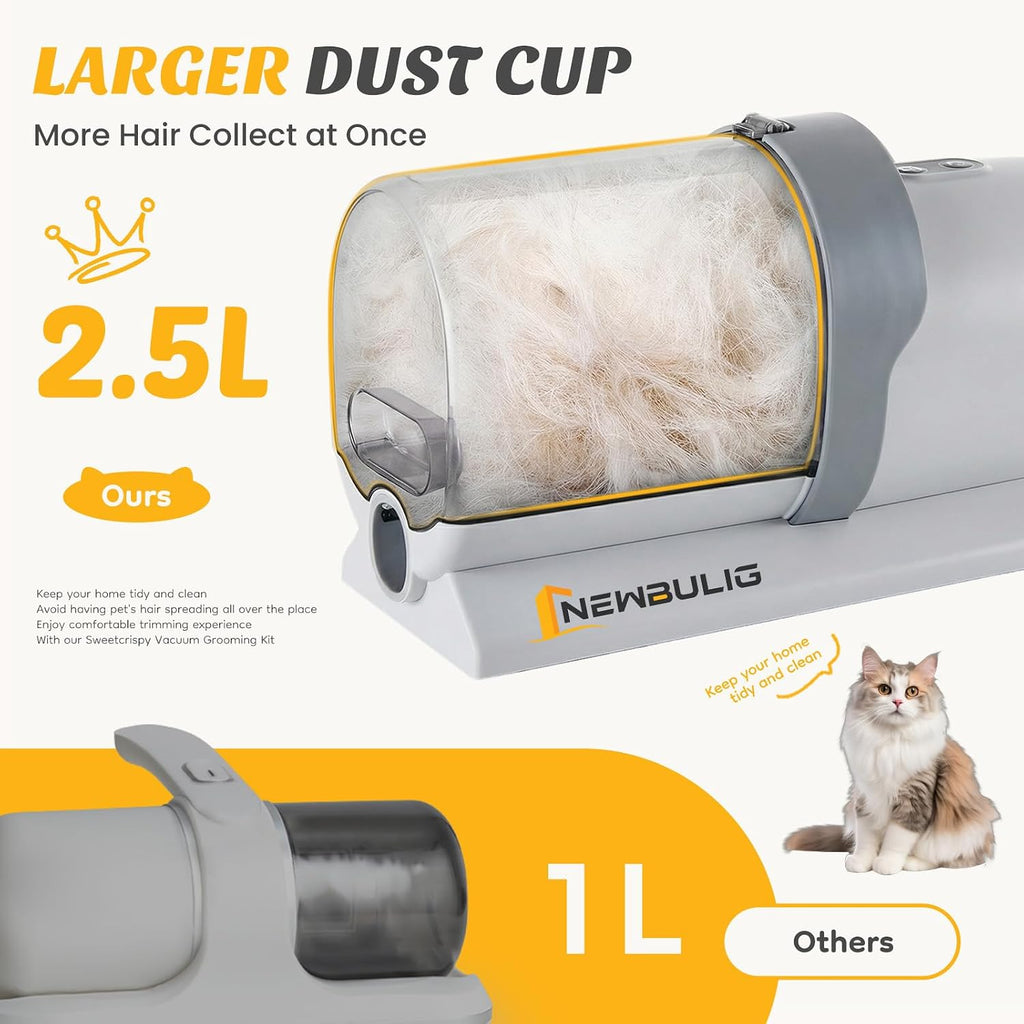 NEWBULIG Pet Grooming Vacuum Kit for Cats and Dogs, 2.5L Dust Cup | 3 Suction Modes and 5 Groomer Tools, Dog Clippers with Cordless Low Noise for Cats, Dogs Other Animals Hair Trimmer, Gray