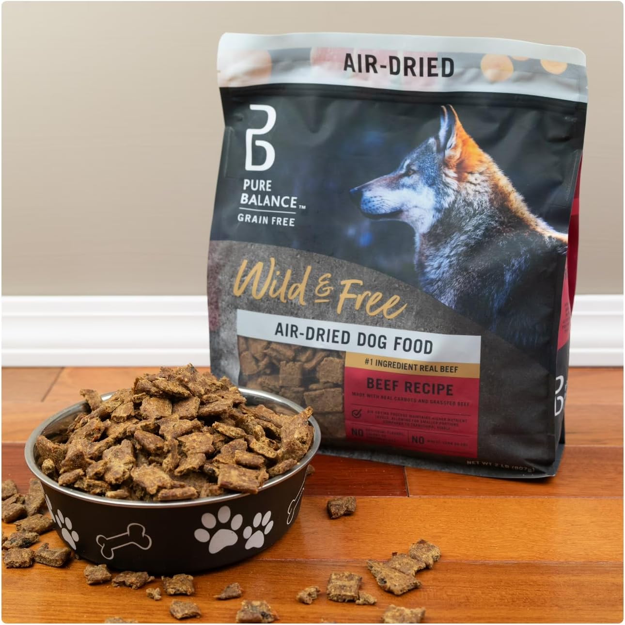 Pure-Balance Air Dried Dog Food Beef Recipe for All Breeds, Grain Free Natural Nutrition with Grassfed Meat, High Protein Shredded Food for Sensitive Stomach, No Soy, No Corn, Dog Meal 2 LB Beef.