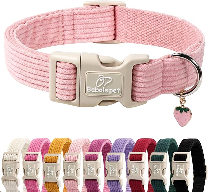Cute Corduroy Dog Collar - Pink Adjustable Dog Collars for X-Small Dogs 4-10lbs, Fade-Proof with Secure Snap & Little Charm, Christmas Birthday Gift, XS