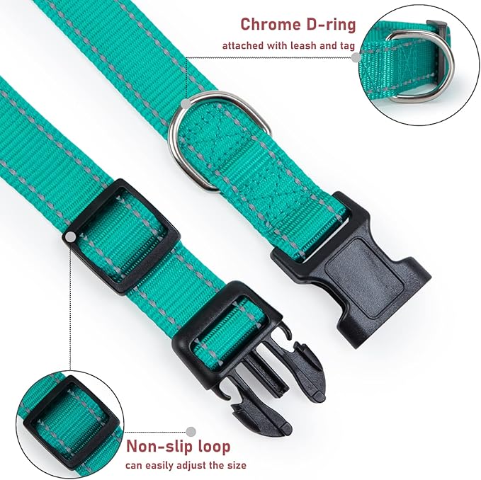 Reflective Dog Collar with Buckle Adjustable Safety Nylon Collars for Small Medium Large Dogs, Teal XXS