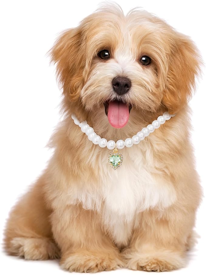2pcs Cat Dog Pearl Collar, Small Heart Shape Rhinestone Pet Necklace, Adjustable Wedding Party Pet Jewelry Accessories for Puppy Small Cats- Blue & Green