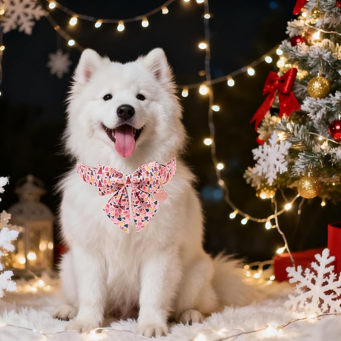 Christmas Dog Collar with Bow Tie, Pink Christmas Tree Collars for Dogs, Adjustable Pet Collar with Cute Xmas Tree Pendant, Winter Dog Accessories for Small Medium Large Dogs XS