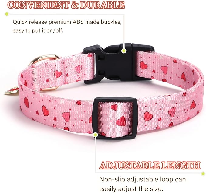 Love Pattern Dog Collar with Buckle Adjustable Safety Nylon Collars for Small Medium Large Dogs, Cute Stylish Girl Boy Christmas Dog Collar(Pink Heart,XS)