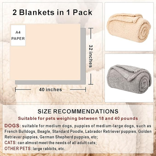 2 Blankets, Dog Cat Pet Blanket, Soft Warm Fleece, for Puppy, Small Dogs or Kitten, Cats, Plush Fuzzy Blanket for Bed, Sofa, Travel (40" x 32", 2/Pack, Beige+Light Gray)