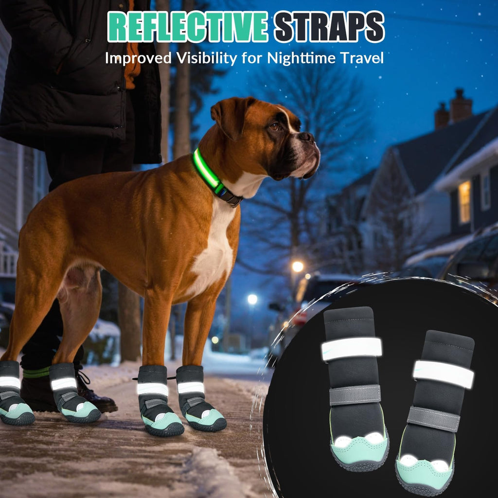 SlowTon Dog Boots - High Top Waterproof Warm Fleece Lined Dog Winter Shoes | Dog Snow Booties with Non-Slip Rubber Sole for Outdoor Walking Hiking Rain, Paw Protector for Large Small Medium Dog, Green 2