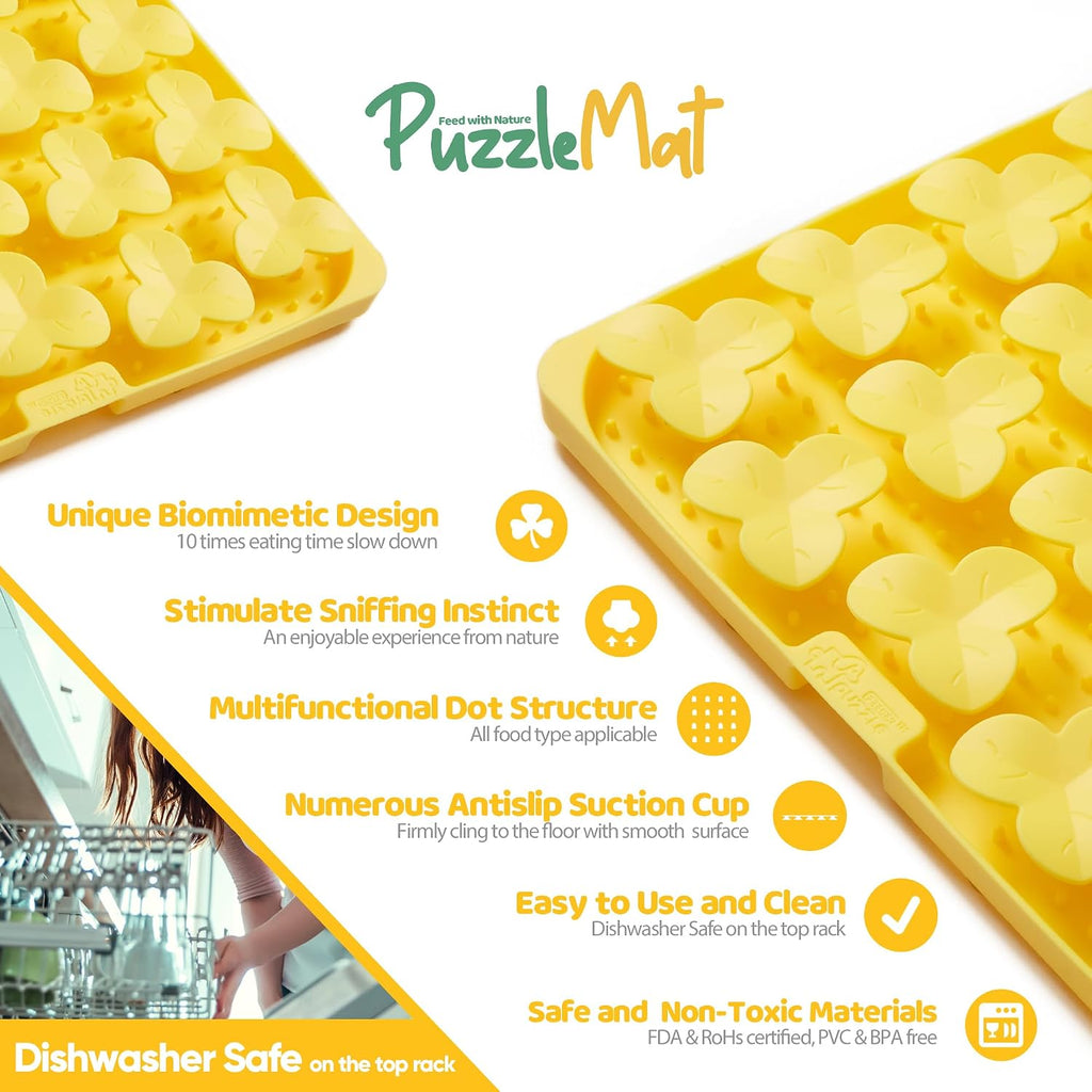 Silicone Mat with Suction Cups, Slow Feeder Bowl for Dry and Wet Food, Dog Enrichment for All Breed Dogs, Yellow