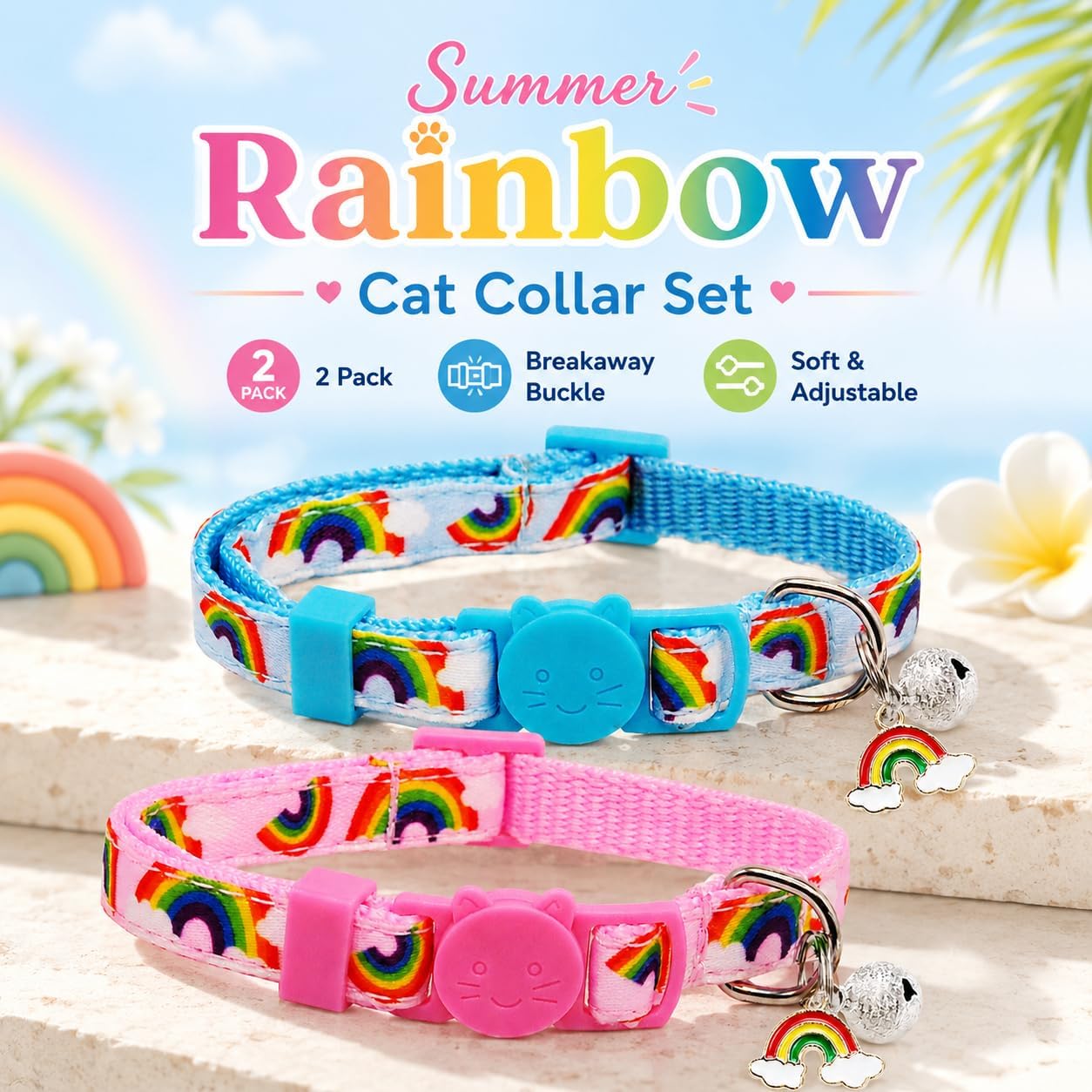 2 Pack Pride Month Cat Collar, LGPT Breakaway Kitten Collars with Bell & Rainbow Charm, Adjustable 7.8-12.8 in, Soft Summer Cat Collars for Cats Kittens