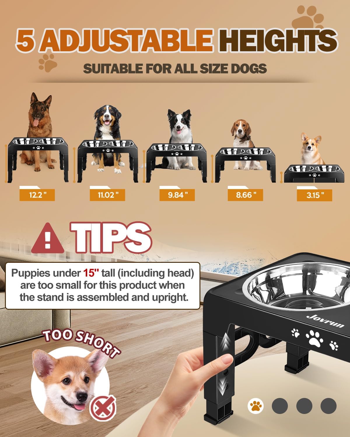 Jovrun Elevated Dog Bowls for Medium Large Size Dogs, Non-Slip Dog Feeder with 2 Stainless Steel Dishes, 5 Heights Adjustable Raised Bowls to 3.15″-8.66″-9.84″-11.02″-12.2″