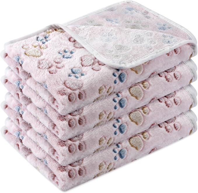 Tatuo 4 Pcs Dog Blanket for Pet Cat Blankets Indoor Puppy Teething Stuff Toys Paw Print Fleece Soft Blanket Sleep Mat for Guinea Pig Cage(Beige,Small(24 x 16 Inch),Square)