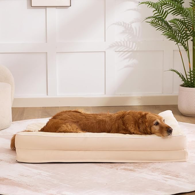 Dog Bed Large Sized Dogs, Orthopedic Dog Bed for Large Dogs, Waterproof Pet Bed with Washable Removable Cover, L-Shaped Pet Couch with Portable Handle 36"x27"x6.5", Beige