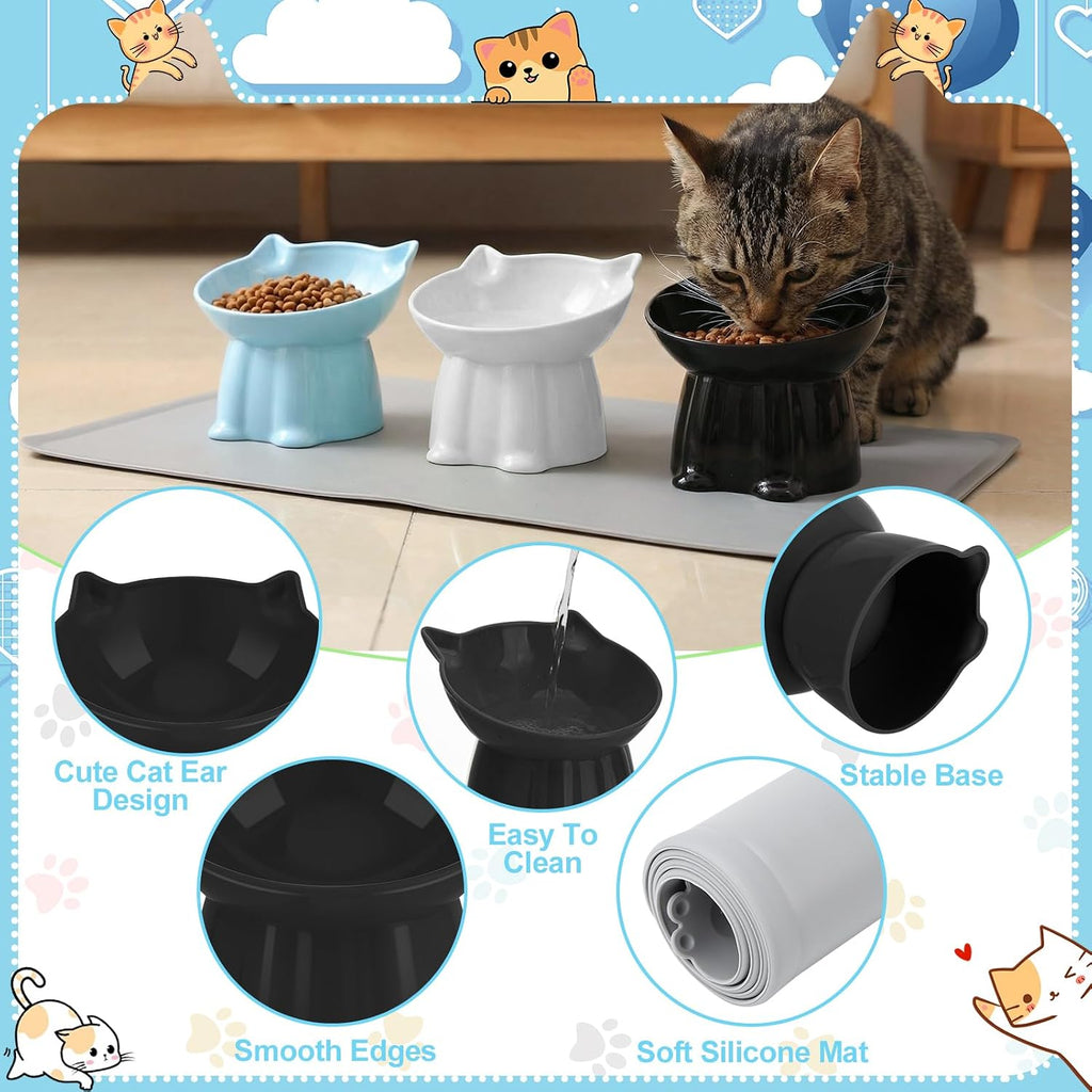 3 Pcs Elevated Cat Bowls 15°Raised Cat Food Bowl with Silicone Mat Blue | Whisker Friendly Anti Vomiting Cats Dishes Pet Food and Water Bowls for Indoor Cats Kittens