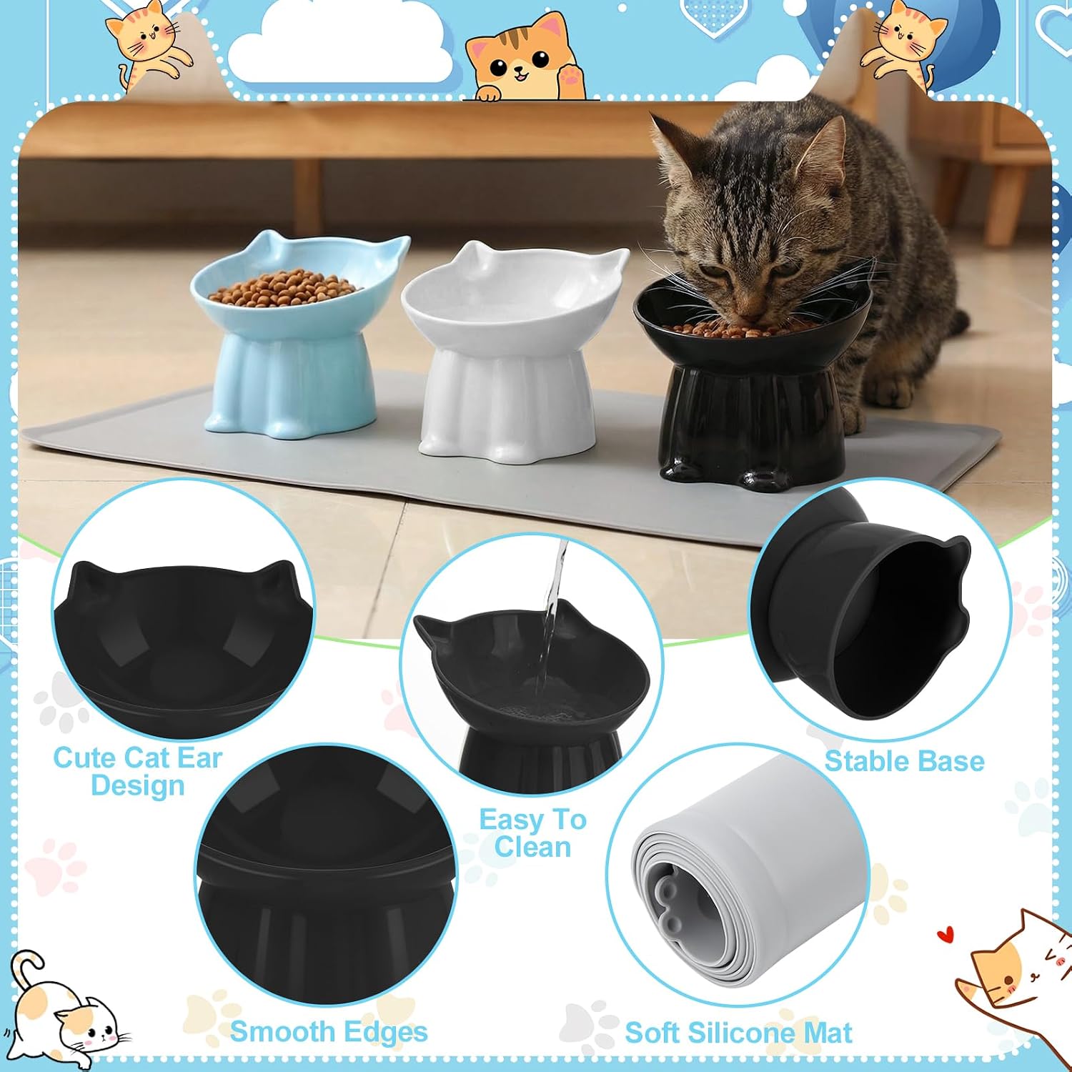 3 Pcs Elevated Cat Bowls 15°Raised Cat Food Bowl with Silicone Mat Blue | Whisker Friendly Anti Vomiting Cats Dishes Pet Food and Water Bowls for Indoor Cats Kittens