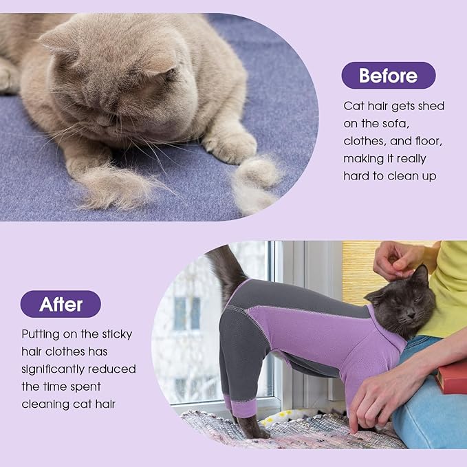 SUNFURA Hair Sticky Cat Clothes, Cat Sweater for Cats Only, 4-Legged Fleece Sweaters Kitten Pajamas Reduce Shedding Fur, Warm Pullover Shirts for Cats, Purple L