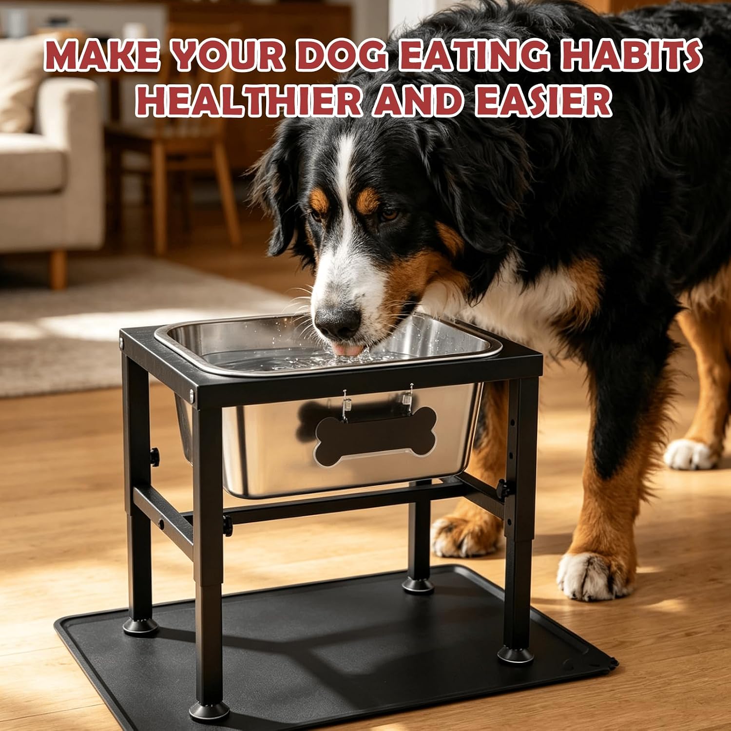 2.8 Gallon Elevated Large Dog Water Bowl with Spill-Proof Mat, 4-Height Adjustable (9.4–14.2'') Raised Dog Water Bowl Stand with Stainless Steel Bowls for Indoor/Outdoor Use