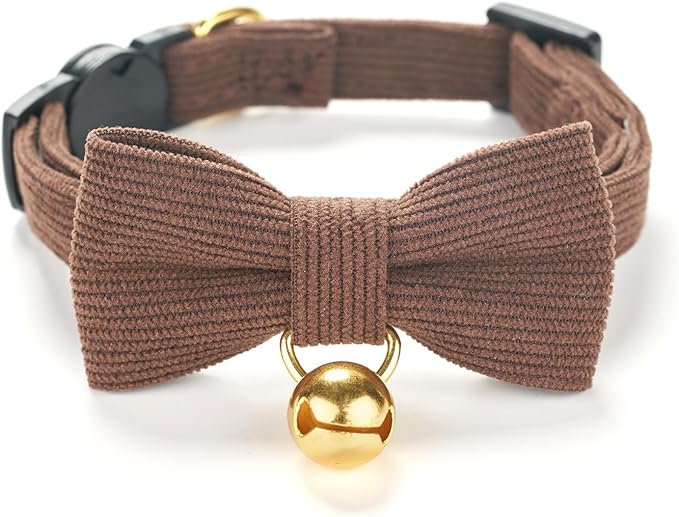 Soft Corduroy Cat Collar with Bell and Bowtie, Safety Breakaway Clasp, Adjustable for Kitten and Cats Brown Color.