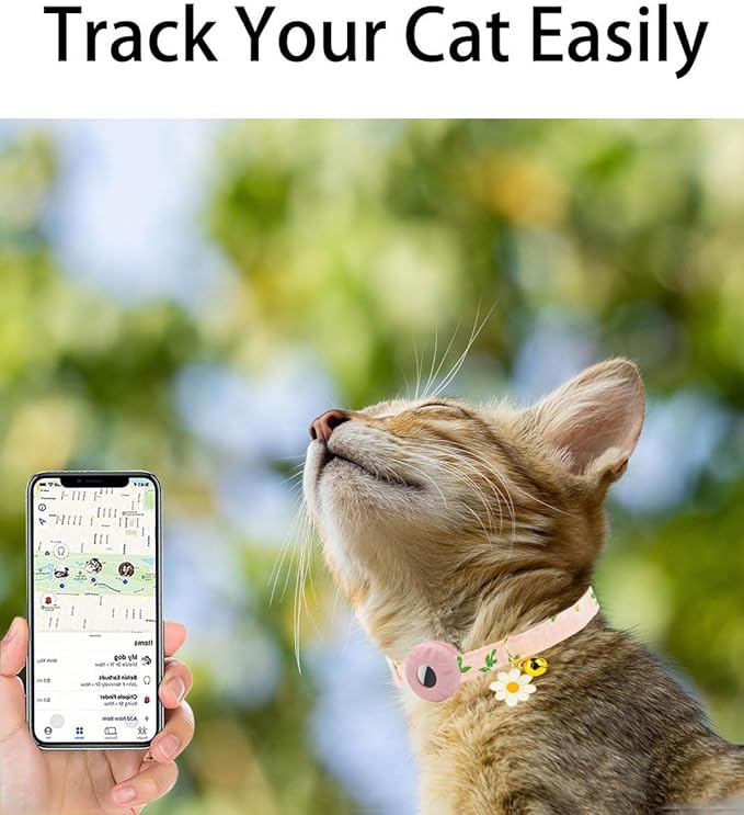 Breakaway Cat Collar with Airtag Holder,Kitten Collar with Apple Air Tag Holder and Bell for Girl Boy Cats, 0.4 Inches in Width and Lightweight. (Pink Daisy)