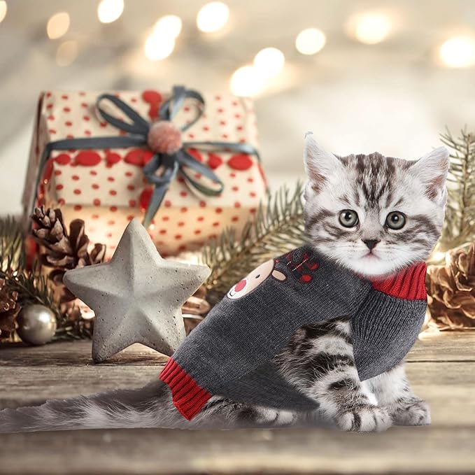 Dog Christmas Sweater Xmas Pet Clothes Cute Gray Reindeer Holiday Puppy Cat Costume New Year Gifts for Small Medium Large Dogs Jumpers (M, Gray Reindeer)