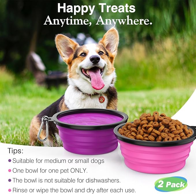 Pawaboo Collapsible Dog Bowls 2 Pack, Silicone Feeding Watering Bowls with Lids & Carabiners for Dogs Cats, Portable Water Feeder Food Bowl for Walking Traveling Home Use, 1000ml, Pink + Purple