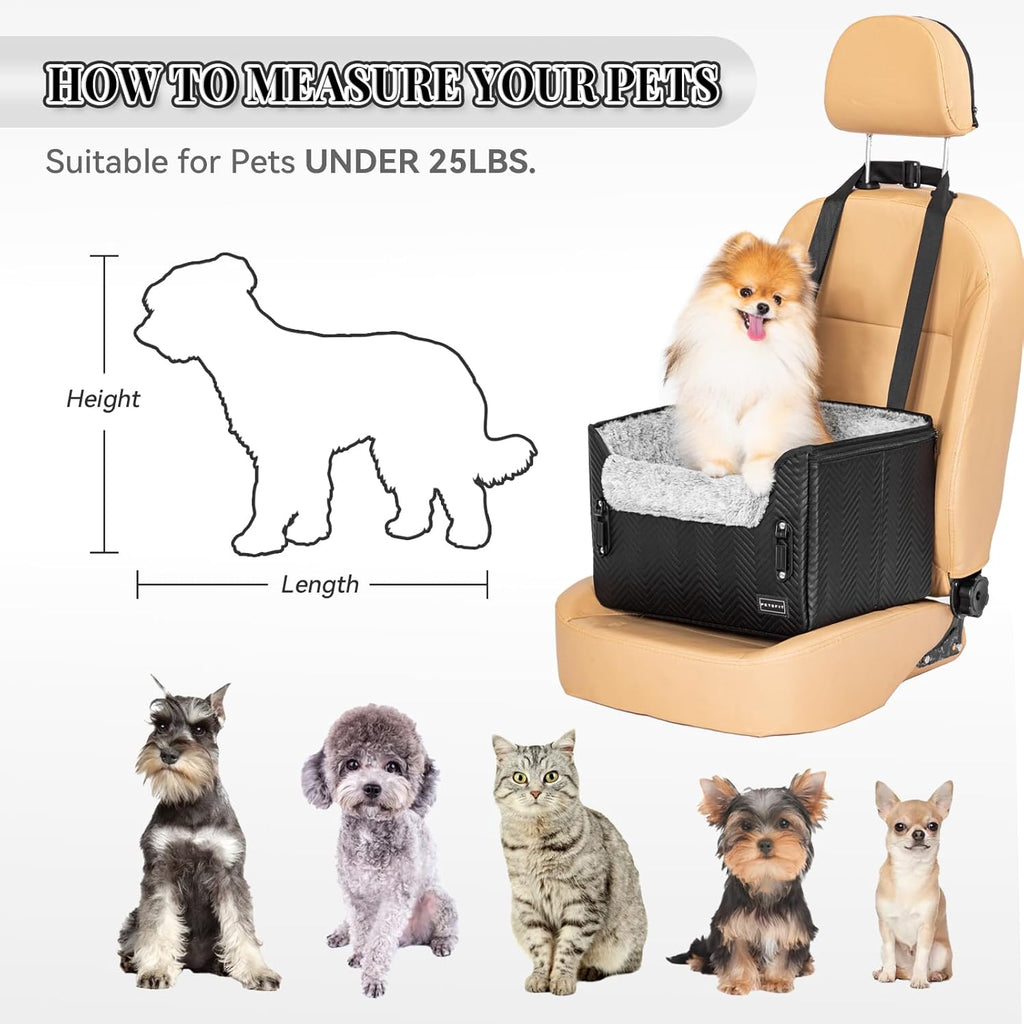 PETSFIT Small Dog Car Seat, Waterproof PU Leather Dog Carseat with Patent Safe Buckles, Clip-On Leash, Car Seat for Dogs, Cats Up to 25 lbs (Glossy Black)