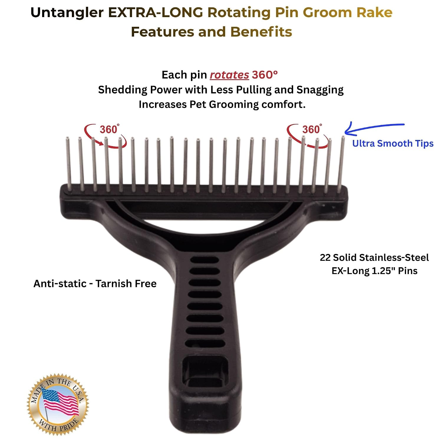 The Untangler Rakes for Grooming and Shedding -silky smooth rotating teeth to easily collect loose hair (Black, Extra-Long)