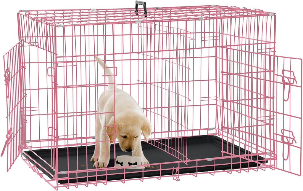 Dog Crate for Large Medium Small Dogs, Folding Dog Kennel Cage with Plastic Tray & Divider 48"/42"/ 36"/ 30"/ 24" Indoor Outdoor Metal Double Door Heavy Duty Dog Pen Enclosure, Pink(24 Inch)