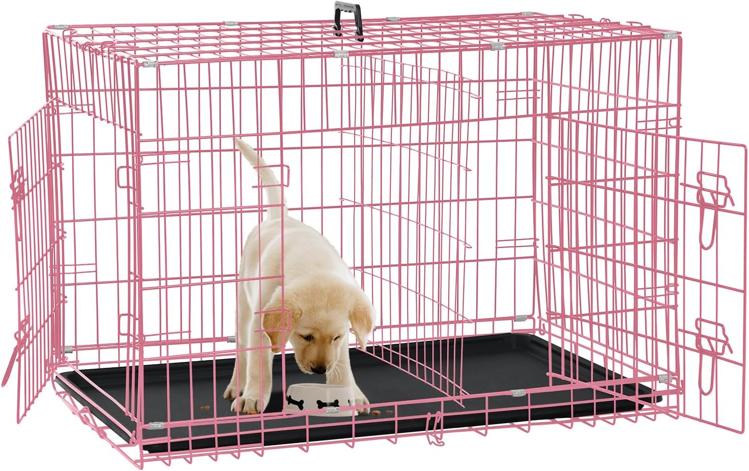 Dog Crate for Large Medium Small Dogs, Folding Dog Kennel Cage with Plastic Tray & Divider 48"/42"/ 36"/ 30"/ 24" Indoor Outdoor Metal Double Door Heavy Duty Dog Pen Enclosure, Pink(24 Inch)