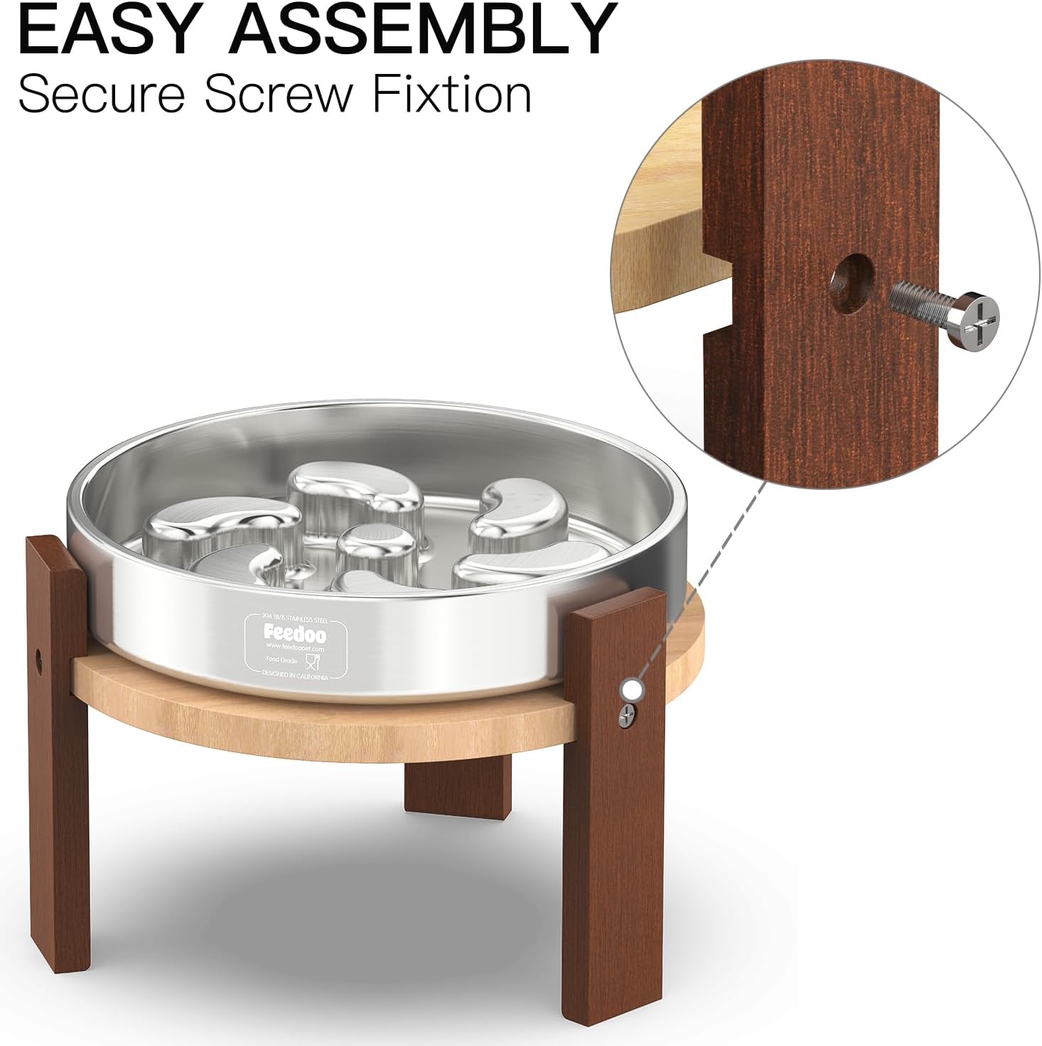 Elevated Dog Bowl Stand, 7'' Height Raised Stand for Large Dogs, Includes 3Cups Stainless Steel Slow Feeder Dog Bowl, Durable Solid Hardwood