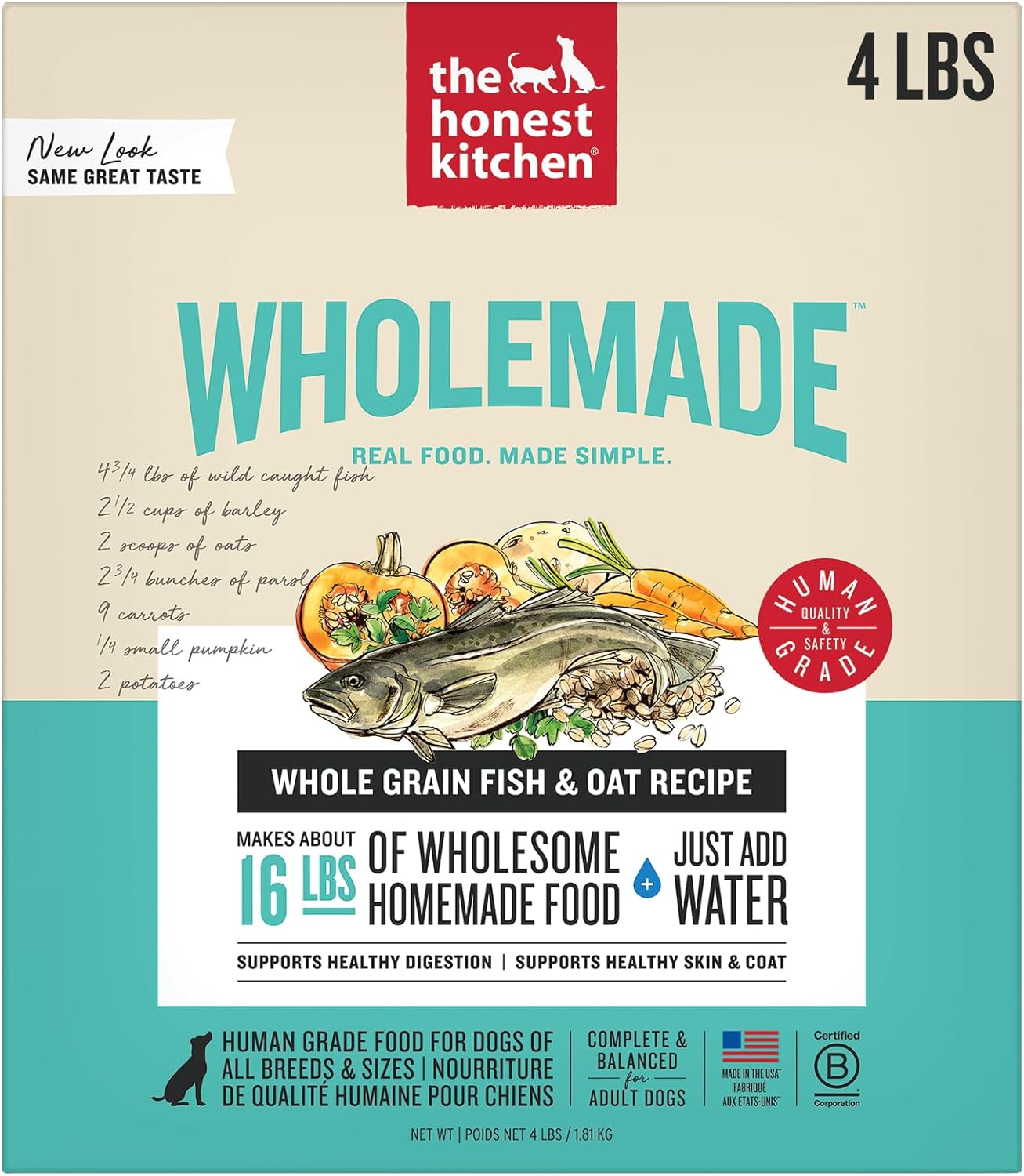 The Honest Kitchen Human Grade Wholemade™ Dehydrated Whole Grain Dog Food – Complete Meal or Dog Food Topper – Fish 4 lb (Makes 16 lbs)