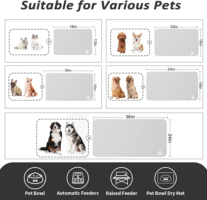 Dog Food Mat - Absorbent Cat Mat for Food and Water, No Stains Pet Feeding Bowl Mat, Easy to Clean Pet Placemats, Quick Dry Dog Water Dispenser Mat for Messy Drinkers | Paw Light Grey 24"x36"
