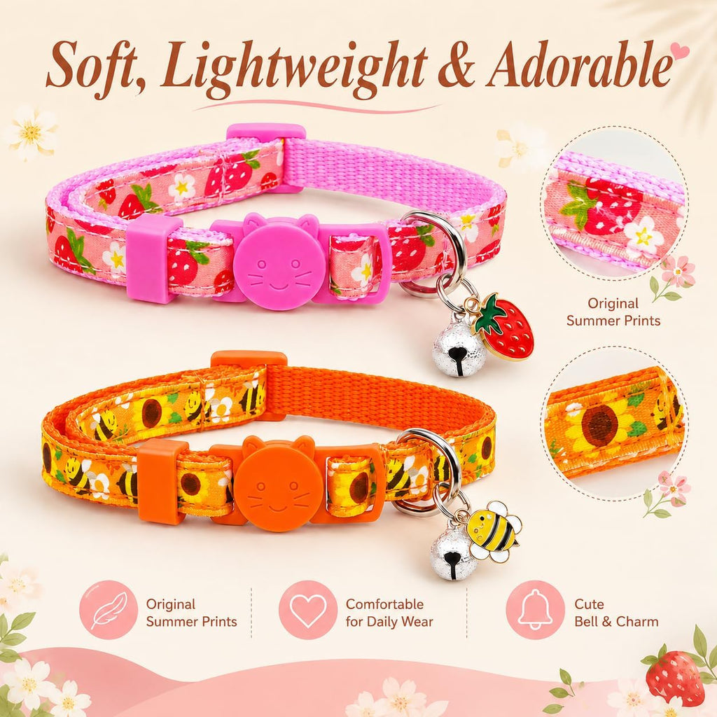 Summer Cat Collar 2 Pack Strawberry Bee Breakaway Cat Collars with Bell & Charm, Adjustable 7.8-12.8 in Soft Cute Kitten Collars for Cats Kittens