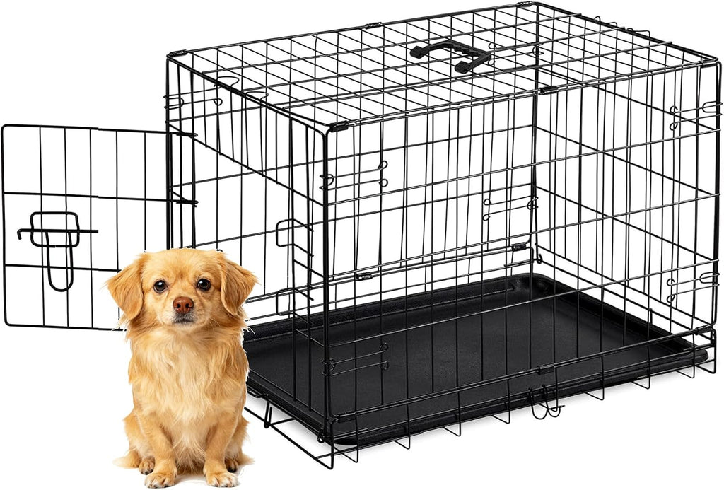 Small Dog Crate 24 Inch, Metal Wire Foldable Dog Cage Kennel | Double Door, Secure Lock, Plastic Leak-Proof Pan Tray, Indoor Outdoor Training Pet