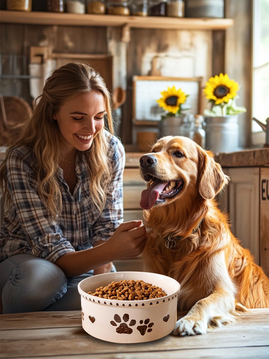 Ceramic Dog Bowl 55oz Heavy Duty Pet Food and Water Bowl for Medium Large Dogs Non Slip Weighted Dog Dish with Paw Print and Heart Design Easy to Clean