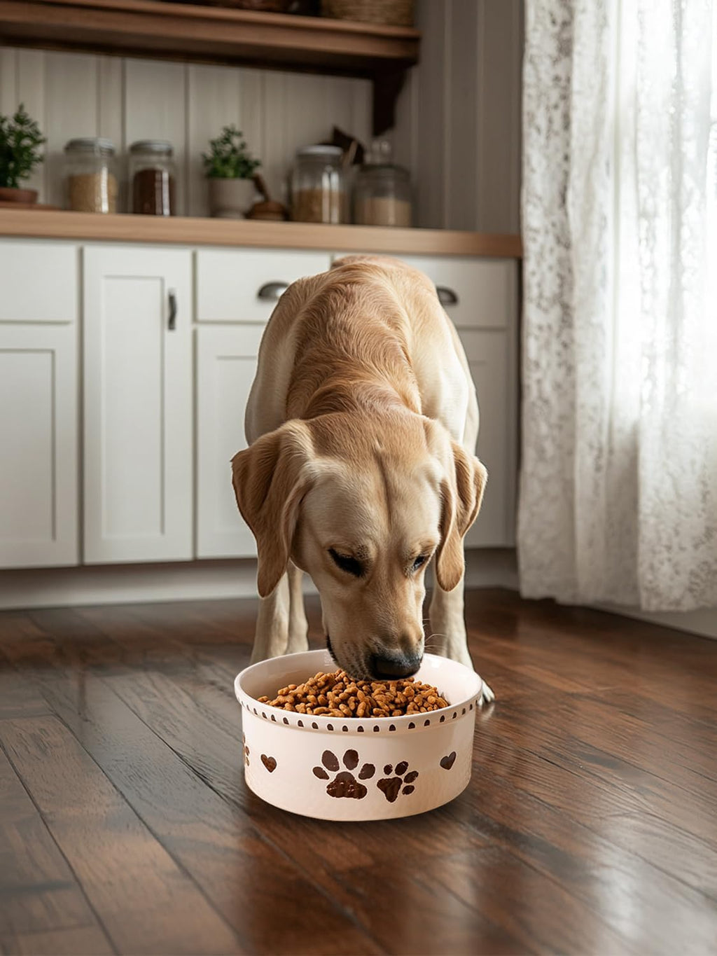 Ceramic Dog Bowl 55oz Heavy Duty Pet Food and Water Bowl for Medium Large Dogs Non Slip Weighted Dog Dish with Paw Print and Heart Design Easy to Clean