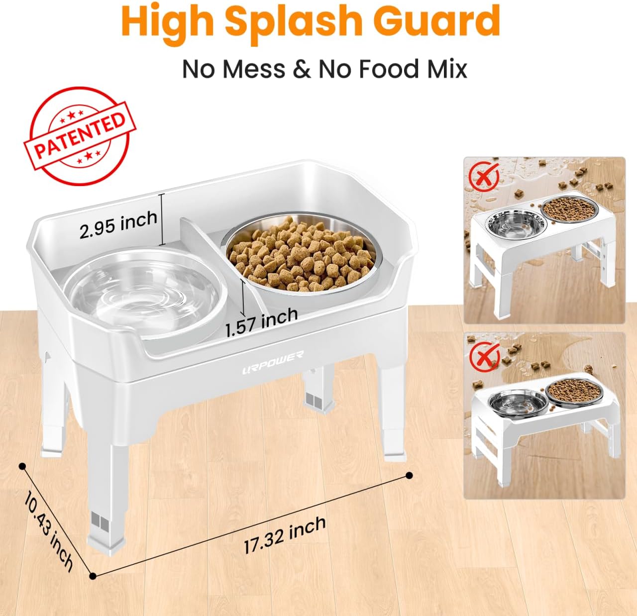 URPOWER Elevated Dog Bowls, 3-in-1 Double Deck Raised Dog Bowl Stand | 4 Height Adjustable Raised Stand with 2 Stainless Steel Food Bowls & Licking Plate for Small, Medium & Large Dogs