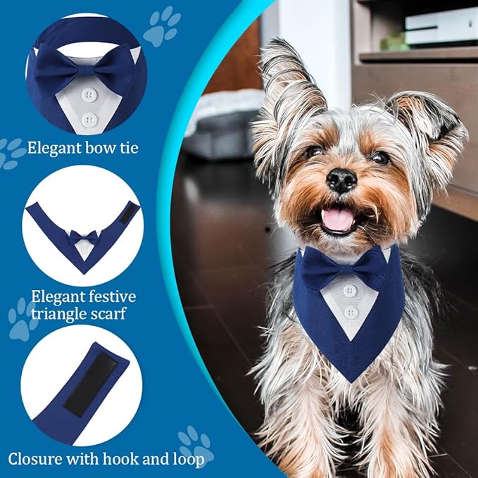 Dog Wedding Bandana, Formal Dog Tuxedo Adjustable Pet Collar with Bow, Small, Medium and Large Wedding Clothing, Birthday Gifts for Dogs (Large, Blue)