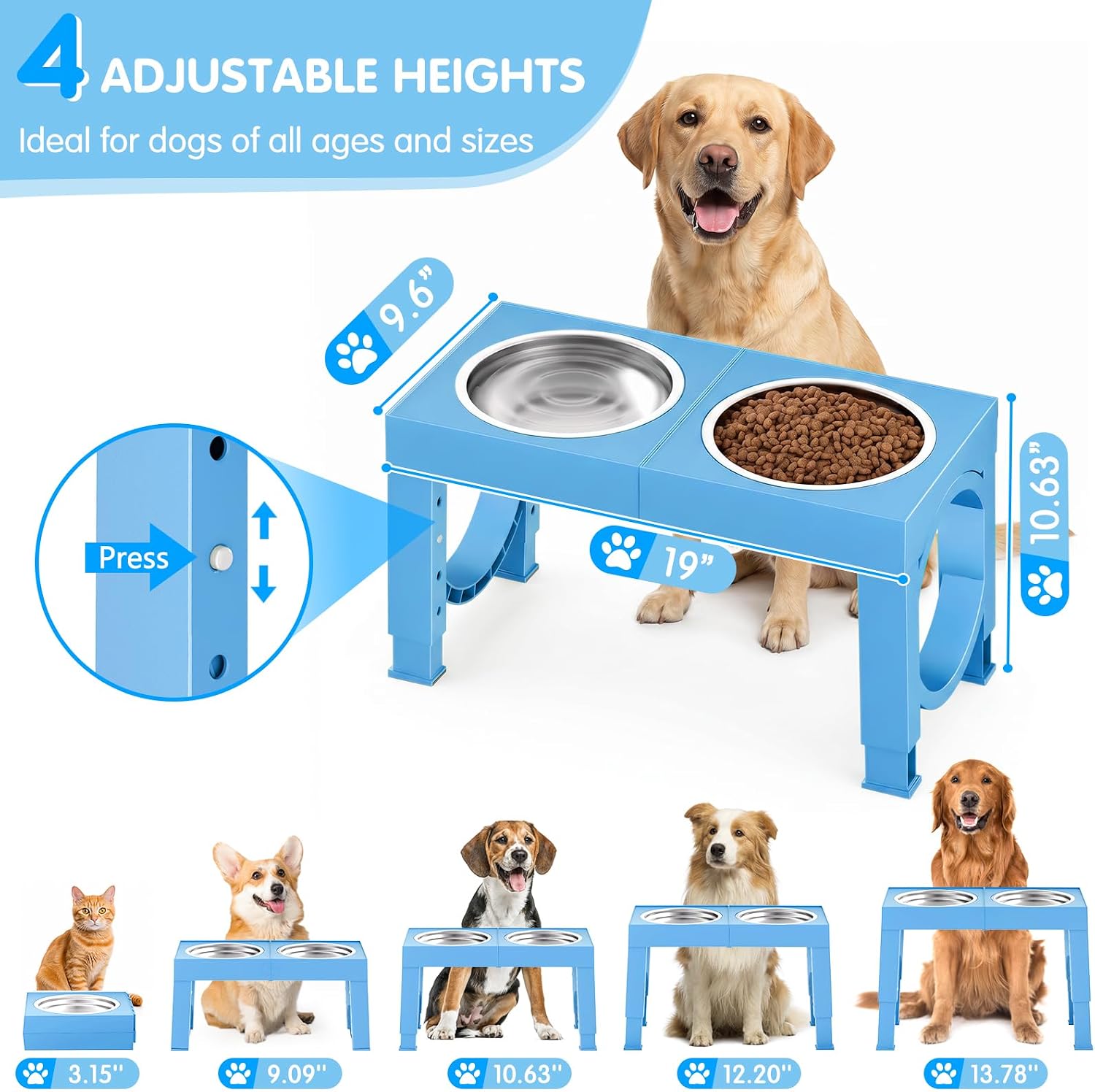 XIAZ Elevated Dog Bowls Large Breed Raised Dogs Bowl Stand Large/Medium Sized Dog Stainless Steel Food Water Bowl Stands 5 Heights Adjustable 9/11/12/15in Pet Feeder Dish Station