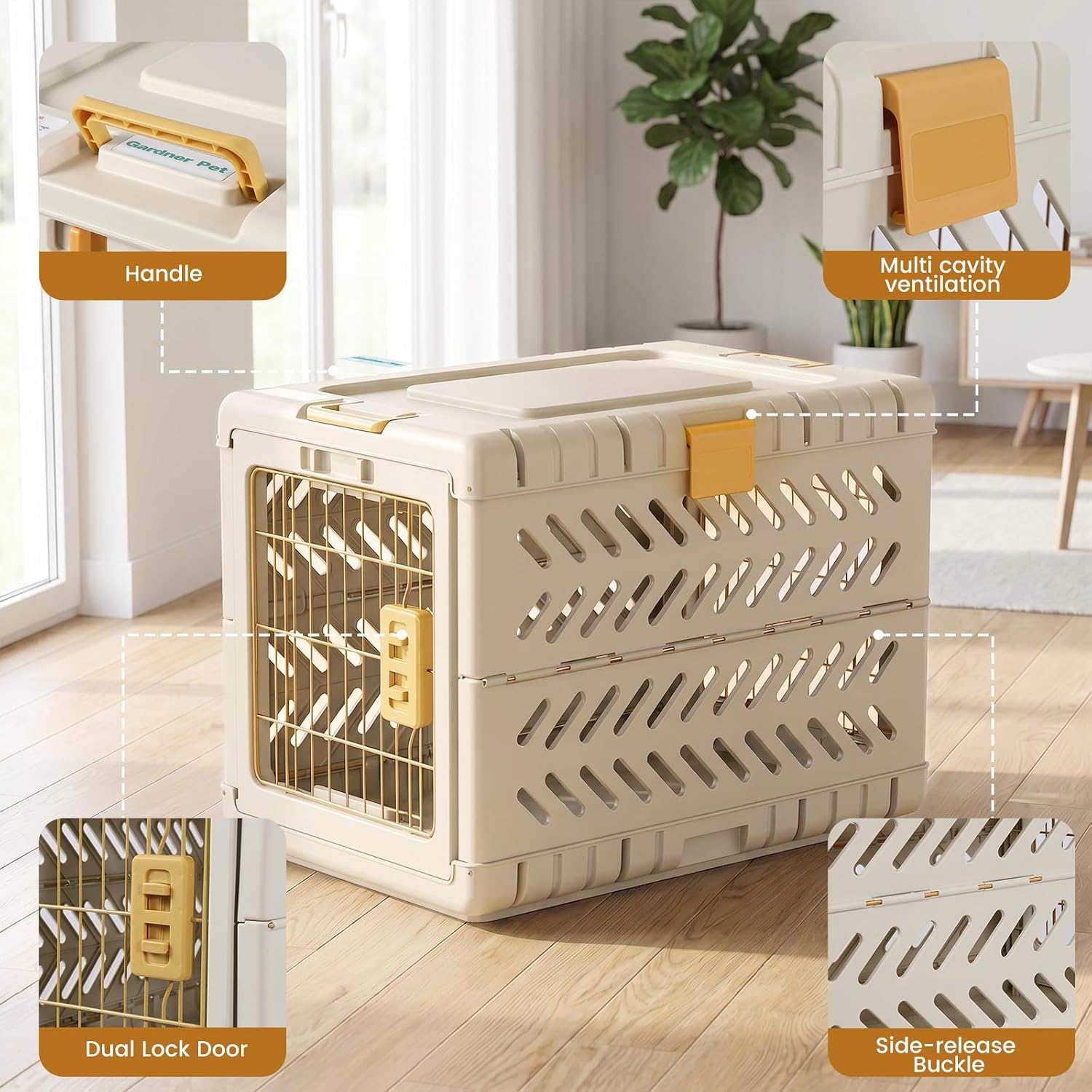 Collapsible Dog Crate for Large/Medium Dogs - 36" L Foldable Dog Cage No-Tool Assembly, Travel Dog Crate with 2 Wheels - Easy to Carry, Space-Saving, Indoor Outdoor Use, Cream, 36.4”L*22.84”W*25.8”H