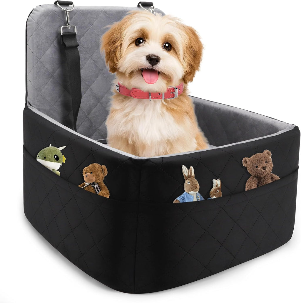 Dog Car Seat for Small/Medium Dogs,Pet Dog Booster Car Seat Puppy 15-35 lbs with Soft 4+2in Detachable Pads Detachable Elevated Cushion and Washable Cover Safety Belt Storage Pockets Easy to Install
