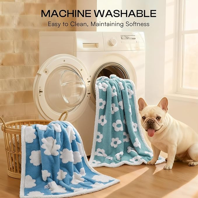 Luciphia Waterproof Pet Blanket for Medium Large Dogs Washable Fluffy Thick Jacquard Shag Fleece Warm Sherpa 3D Textured Flower Print for Cats Puppy Couch Protection (Blue,85x57 inches)