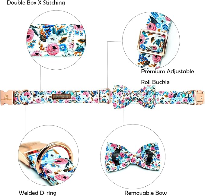 Lionheart glory Dog Collar Bow Collar Floral Dog Collar with Bow Tie Spring Summer Cute Collar Dog Boy or Girl Dog Collars Soft Durable Adjustable Dog Collars for Large Dogs