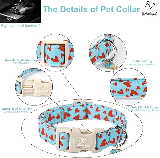 Valentines Dog Collar for Medium Dogs - Cute Valentine Blue Dog Collars, Adjustable Puppy Red Hearts Collar with Quick Release Buckle for Boys&Girls Dogs M