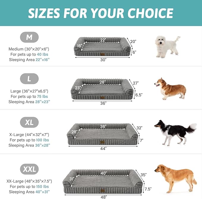 Cute Dog Bed for Extra Large Dogs, Faux Rabbit Fur Orthopedic Foam Dog Bed with Sides, Removable Washable Cover & Waterproof Lining, Comfortable Pet Couch, Grey (48" L x 35" W x 7.5" Th)