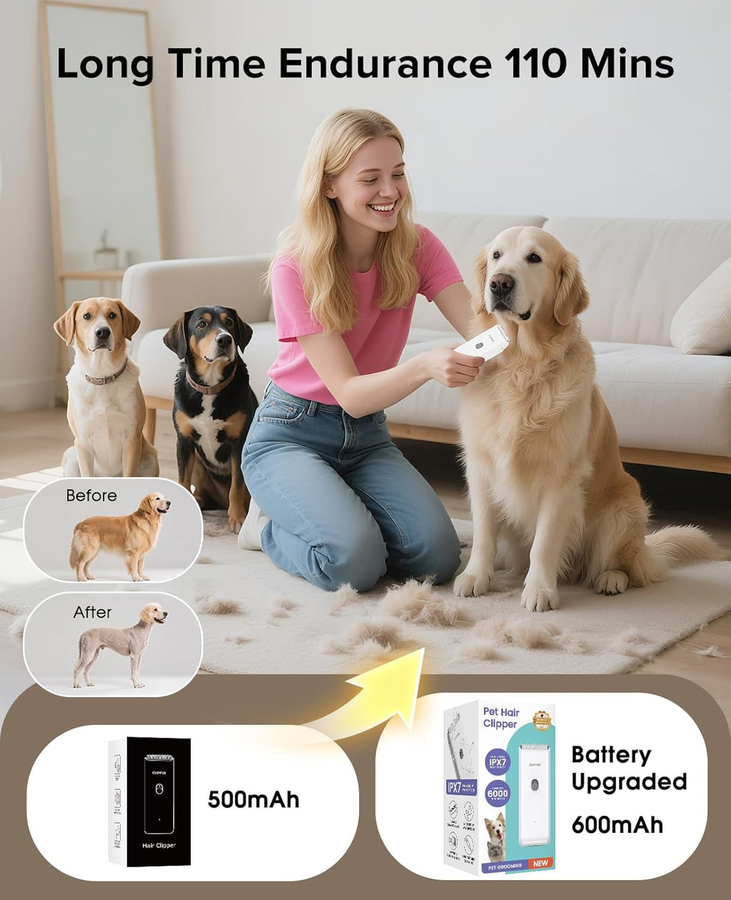 Upgrade Home Professional Dog Grooming Kit Clipper for Matted & Long Hair, Cordless Pet Shaver Low Noise USB Rechargeable for Cats, Small&Medium Dogs, Handy Pet Hair Grooming Trimmer, White