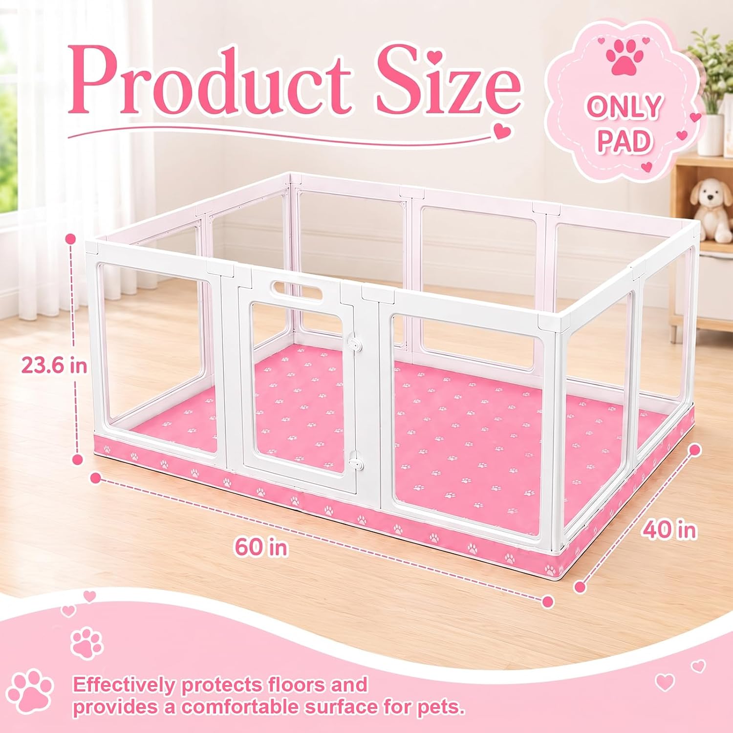 Dog Playpen Bottom Pad Fits for 60'' x 40'' Acrylic Puppy Playpen Only Pad | Acrylic Dog Playpen Cover for 60 x 40 Inch 10 Panel, Waterproof Floor Liner, Non Slip Washable Reusable Mat, Pink