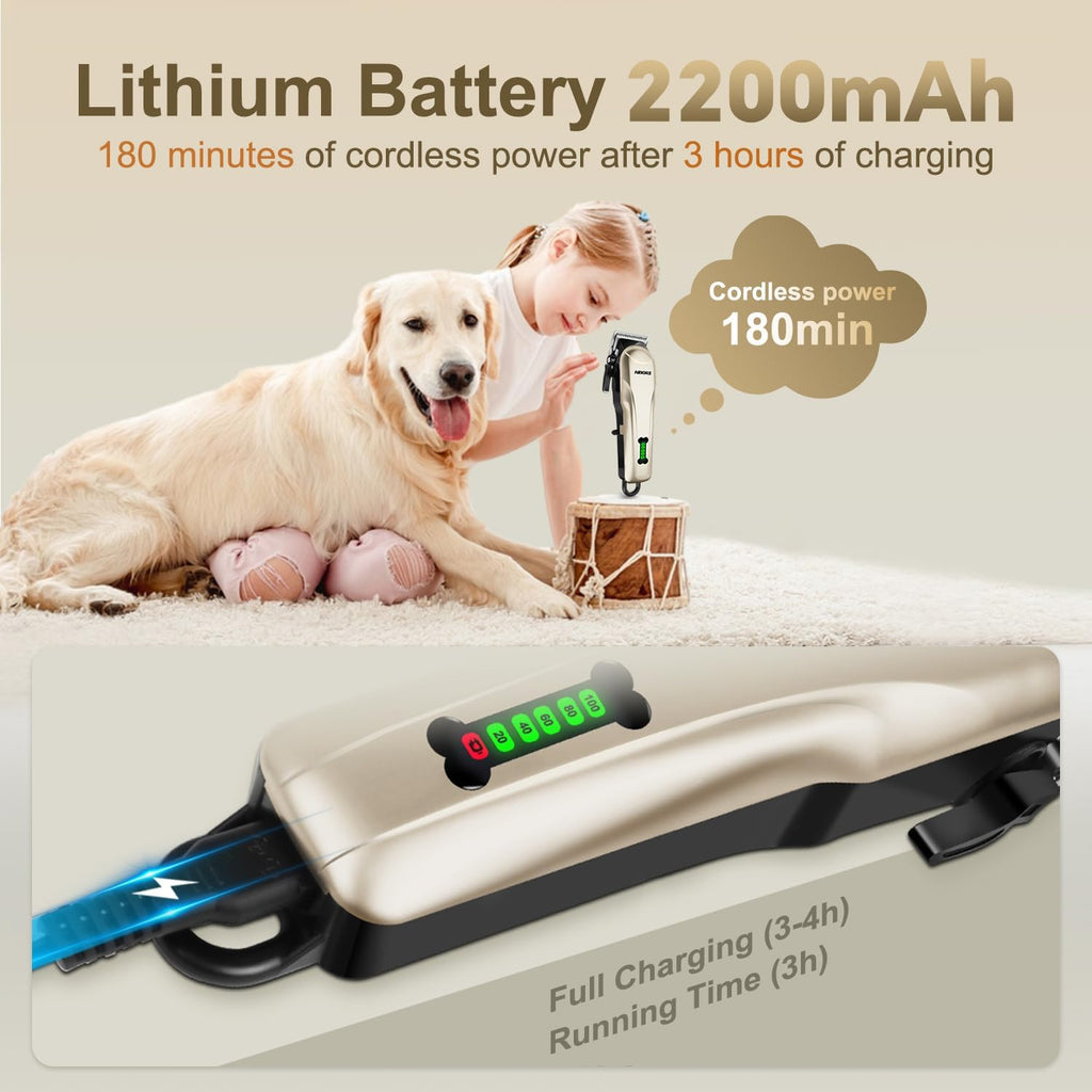 Quiet Dog Grooming Kit - 2000mAh Dog Clippers for Grooming Dog Grooming Clippers for Heavy Thick Hair Coats Waterproof Rechargeable Cordless Clippers Safe and Easy to Clean Home Pet Grooming Gold