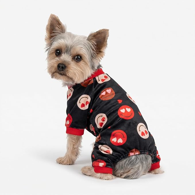 Fitwarm Hearts Eyes Smily Face Dog Pajamas, Cozy Valentines Outfit for Small Dogs Boy Girl, Festive Pet Clothes, Black, Red, Small