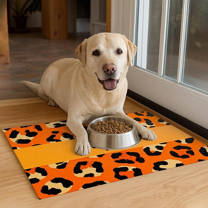 Puppy Feeding Mat 20x12 inch Orange Leopard Print Dog Bowl Placemat Non Slip Mat for Pet Food and Water Small Dog Food Area Indoor Puppy Feeding Station Pet Meal Mats for Kitchen