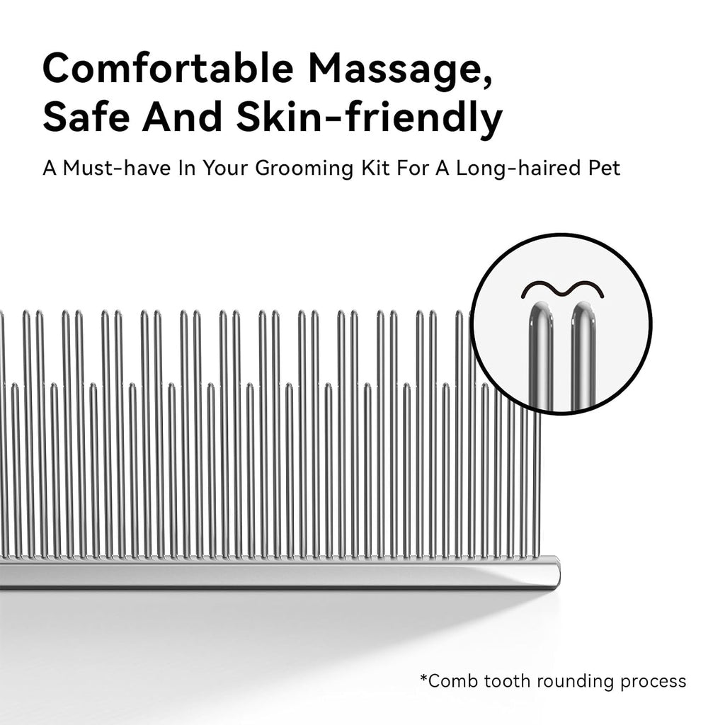 Stainless Steel Dog & Cat Comb with Dual Tooth, Professional Pet Grooming Tool, Advanced Undercoat Comb for Long Hair, Double Coats Dogs Cats, Silver