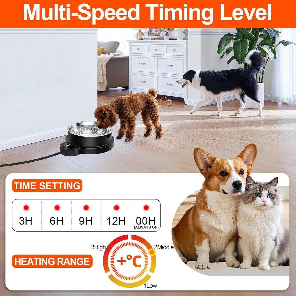 Heated Water Bowl for Dog Cat,Outdoor Heated Pet Bowl Food Bowl with 3 Temperature Settings & 12H Timer,50 oz Removable Stainless Steel Bowl,79" Anti-Chew Cord,for Dogs Cats Chickens Ducks Birds