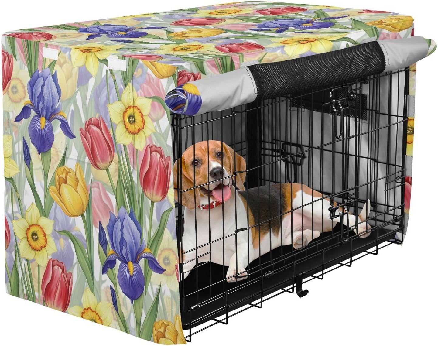 Bright Spring Flowers Dog Crate Cover 600D Oxford Heavy Duty Kennel Cover Mesh Window Soundproof Waterproof Sunshade Universal Fit for 42 inches Wire Cage